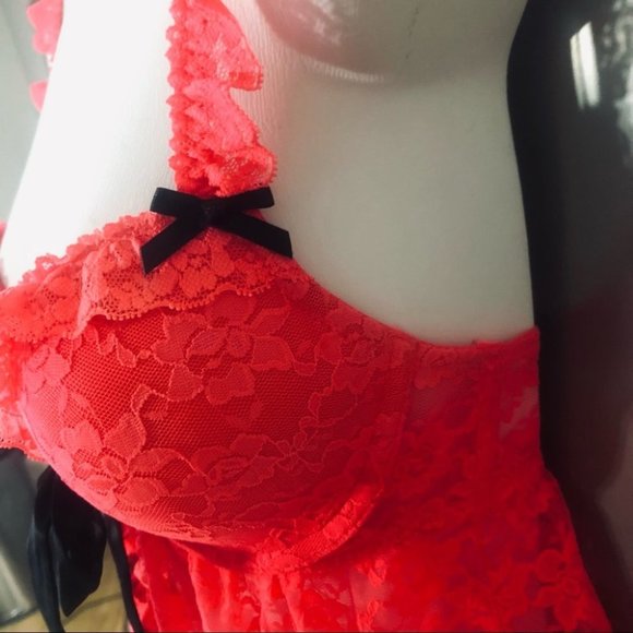 💕La Senza Hot Coral Padded Push Up Bra Lace Babydoll Lingerie w/Panties S NWOT💕 - Picture 15 of 16